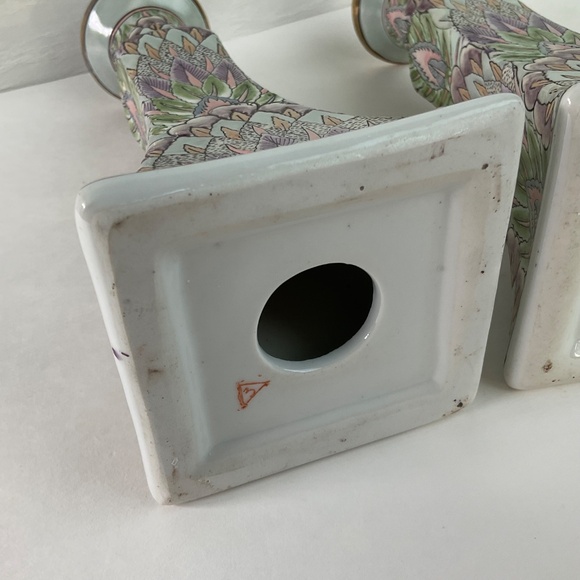 Vintage Chinoiserie Candle Holders Pastel Textured Boho Decor - One Pair (2) - Picture 10 of 13